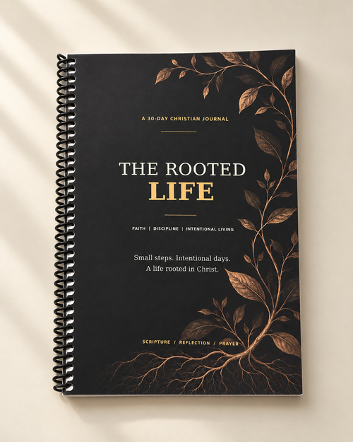 The Rooted Life journal front cover with botanical artwork and spiral binding