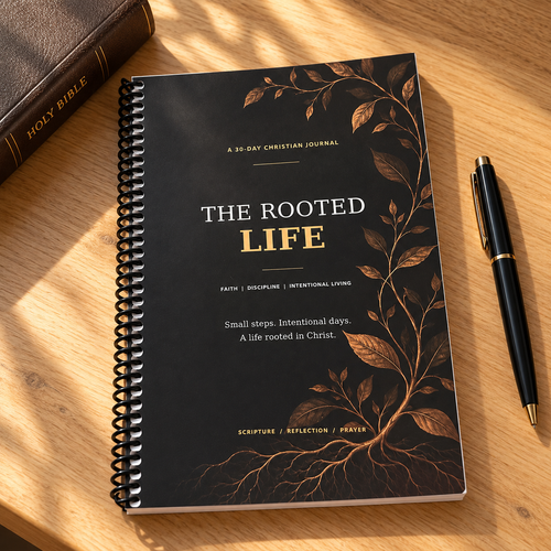 The Rooted Life journal on a desk beside a Bible and pen